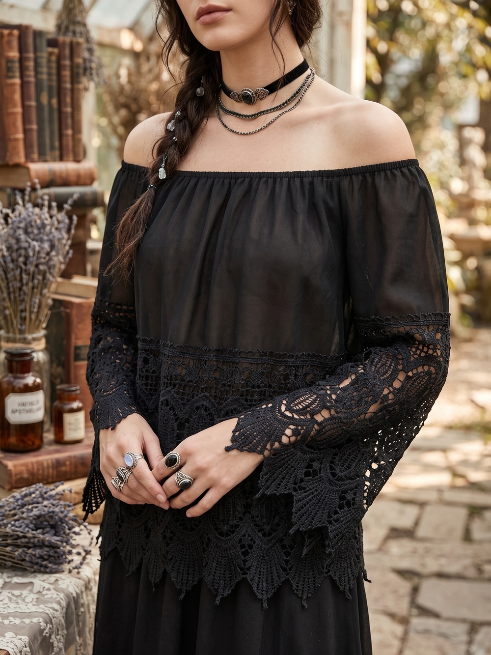 Whimsigoth Off Shoulder Blouse Sheer Black Crochet Lace Bell Sleeve Boho Top